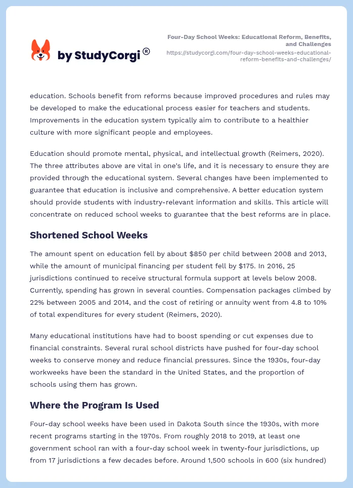 Four-Day School Weeks: Educational Reform, Benefits, and Challenges. Page 2