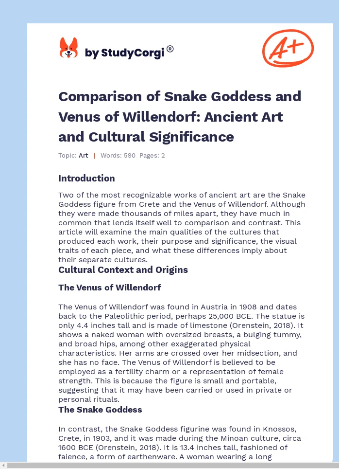 Comparison of Snake Goddess and Venus of Willendorf: Ancient Art and Cultural Significance. Page 1