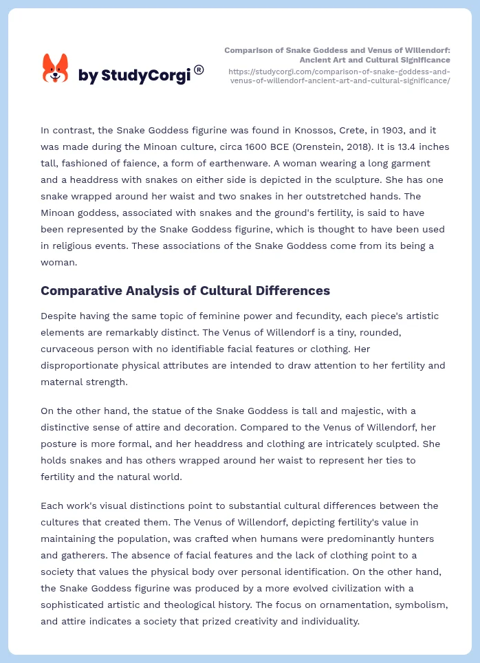 Comparison of Snake Goddess and Venus of Willendorf: Ancient Art and Cultural Significance. Page 2