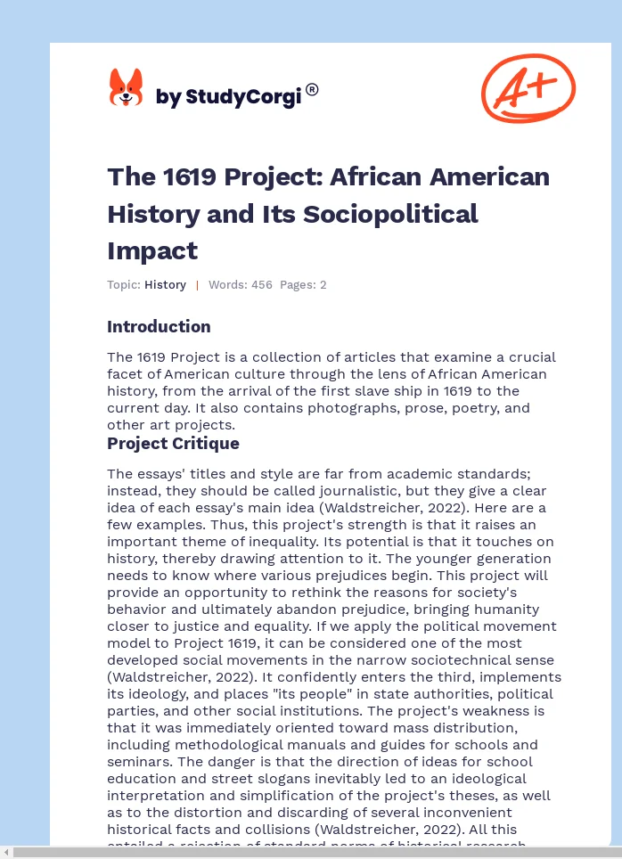 The 1619 Project: African American History and Its Sociopolitical Impact. Page 1