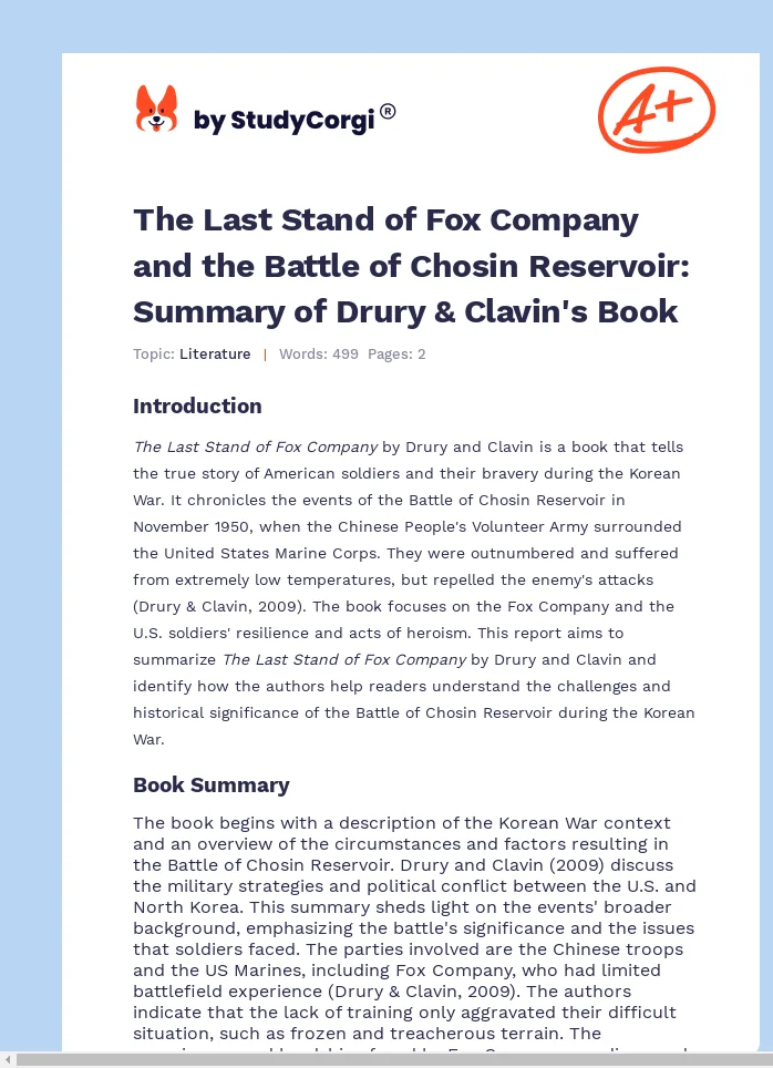 The Last Stand of Fox Company and the Battle of Chosin Reservoir: Summary of Drury & Clavin's Book. Page 1