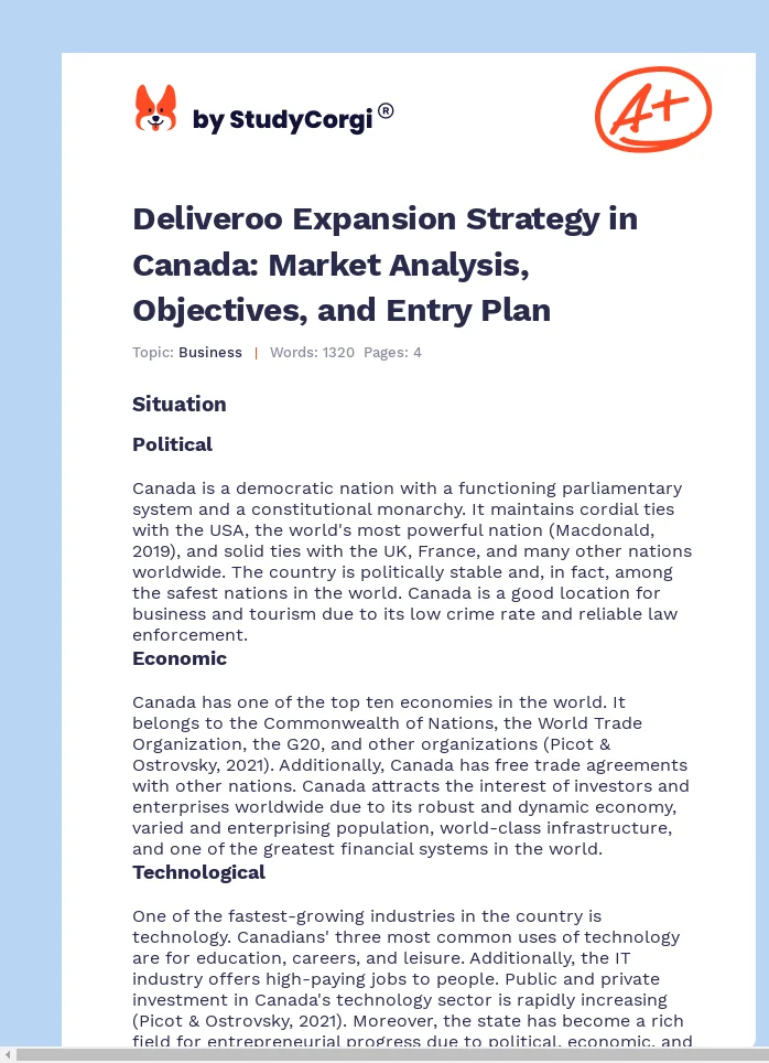 Deliveroo Expansion Strategy in Canada: Market Analysis, Objectives, and Entry Plan. Page 1