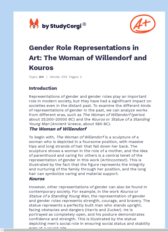 Gender Role Representations in Art: The Woman of Willendorf and Kouros. Page 1