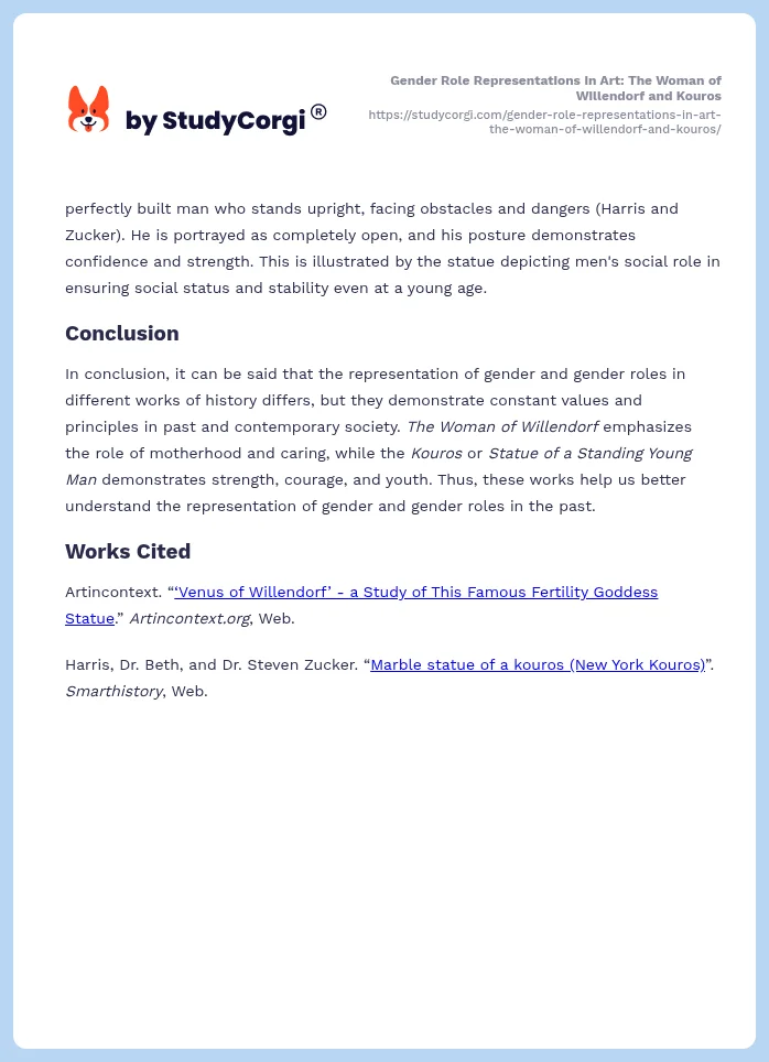 Gender Role Representations in Art: The Woman of Willendorf and Kouros. Page 2