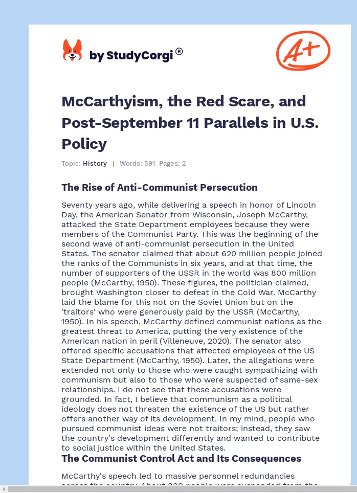 McCarthyism, the Red Scare, and Post-September 11 Parallels in U.S. Policy. Page 1