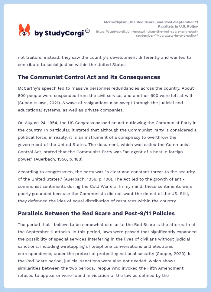 McCarthyism, the Red Scare, and Post-September 11 Parallels in U.S. Policy. Page 2
