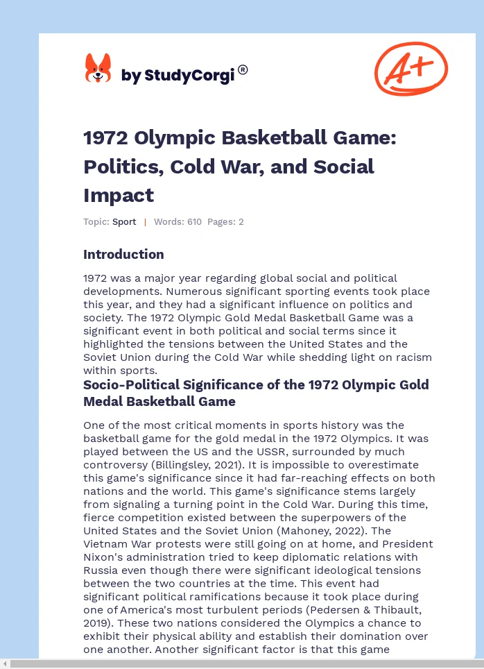 1972 Olympic Basketball Game: Politics, Cold War, and Social Impact. Page 1