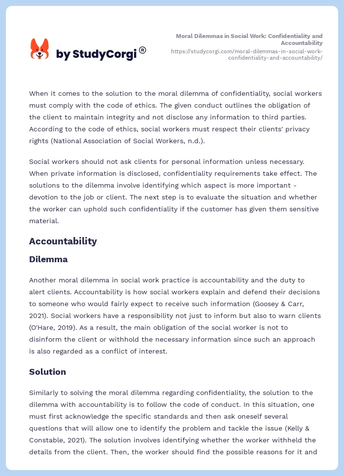 Moral Dilemmas in Social Work: Confidentiality and Accountability. Page 2