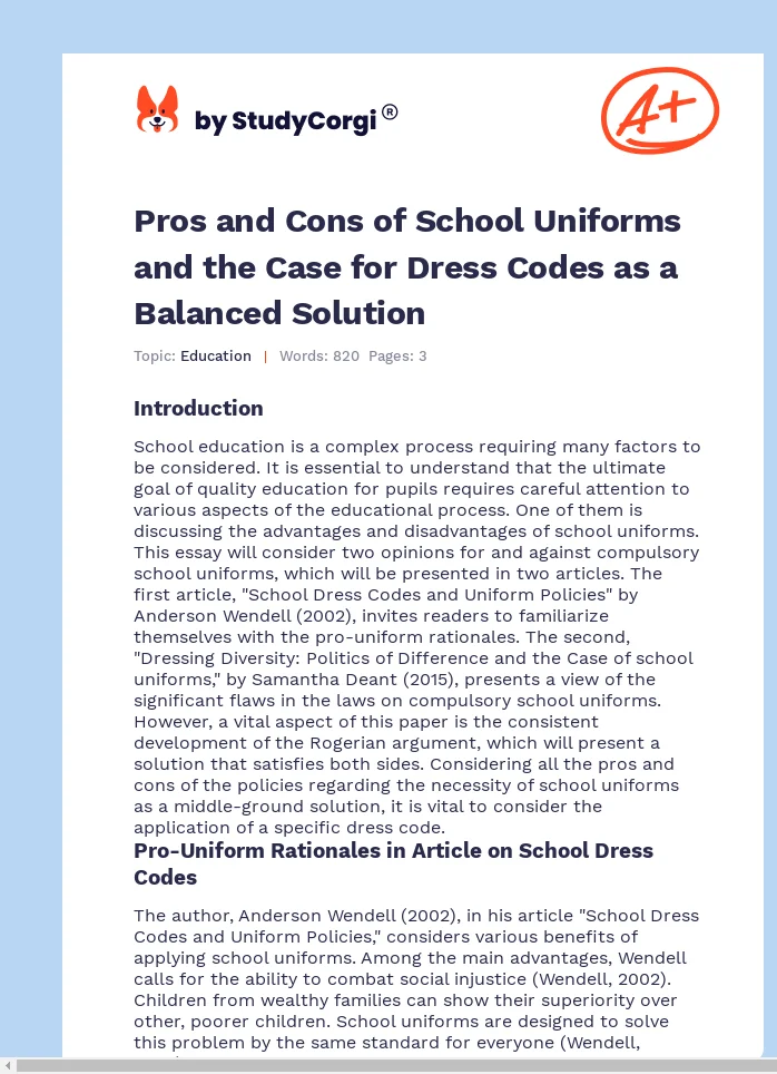 Pros and Cons of School Uniforms and the Case for Dress Codes as a Balanced Solution. Page 1