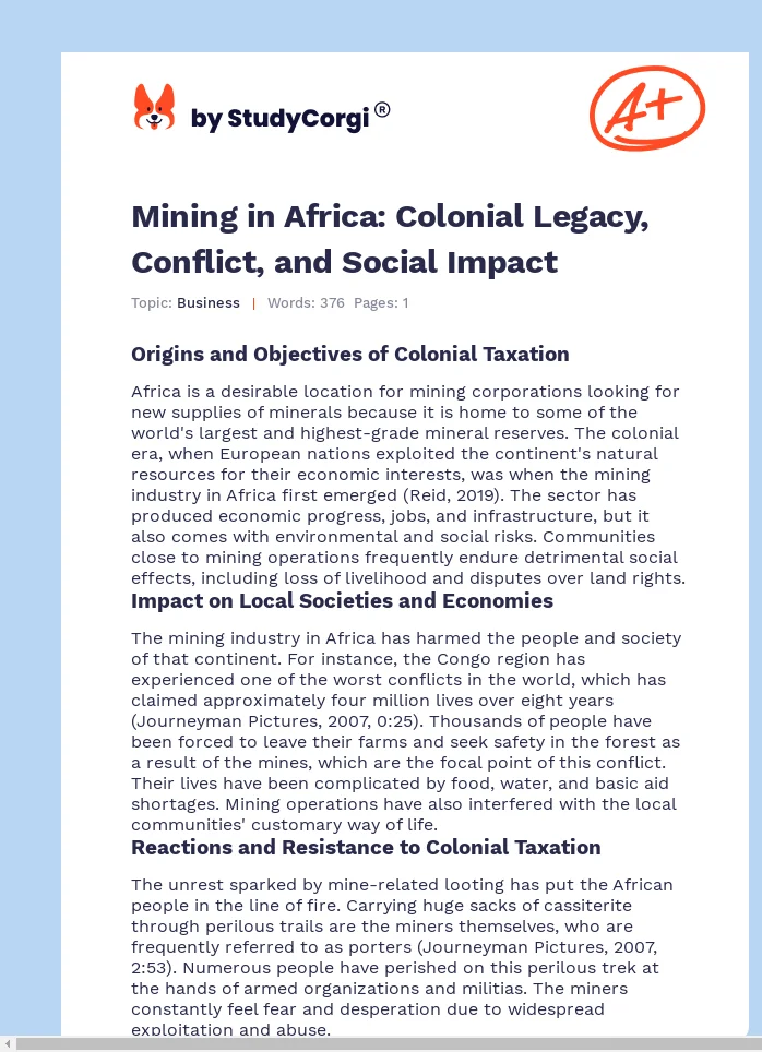 Mining in Africa: Colonial Legacy, Conflict, and Social Impact. Page 1