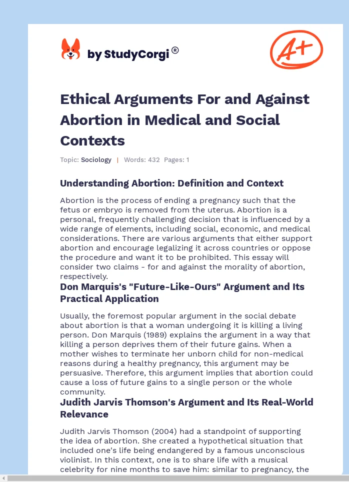 Ethical Arguments For and Against Abortion in Medical and Social Contexts. Page 1