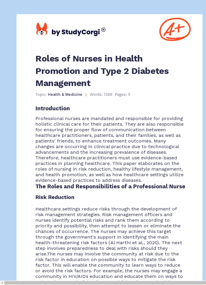 Roles of Nurses in Health Promotion and Type 2 Diabetes Management. Page 1