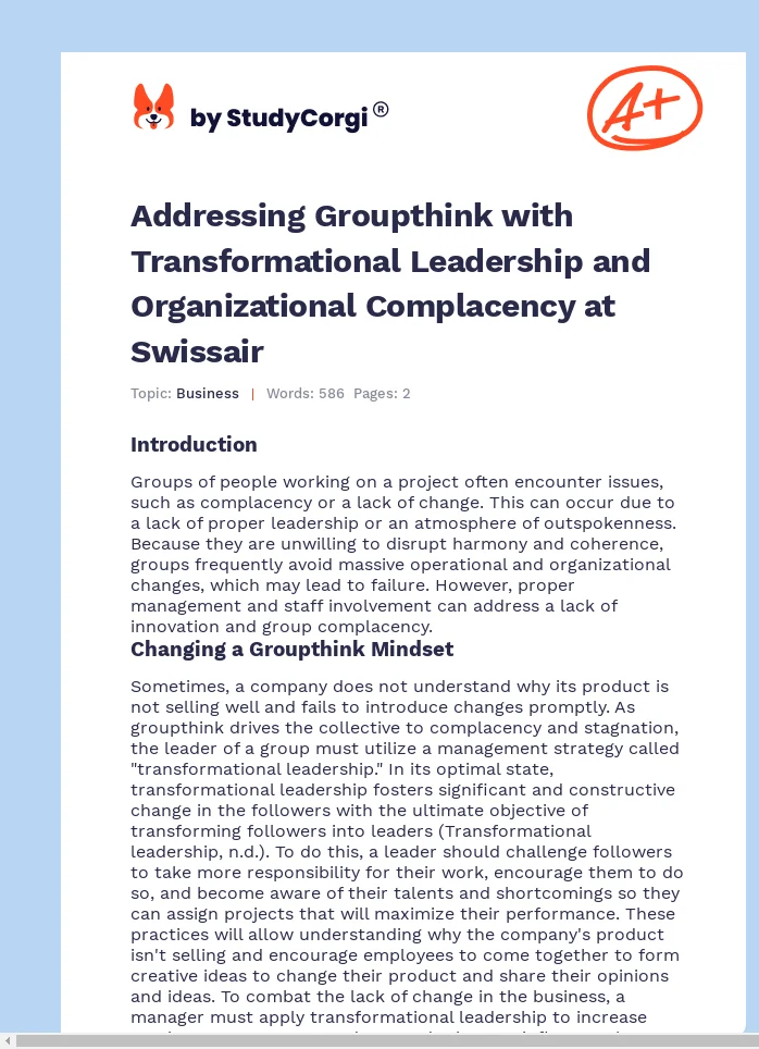 Addressing Groupthink with Transformational Leadership and Organizational Complacency at Swissair. Page 1