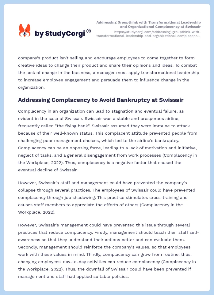 Addressing Groupthink with Transformational Leadership and Organizational Complacency at Swissair. Page 2