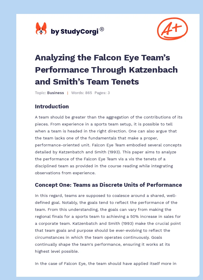 Analyzing the Falcon Eye Team’s Performance Through Katzenbach and Smith’s Team Tenets. Page 1