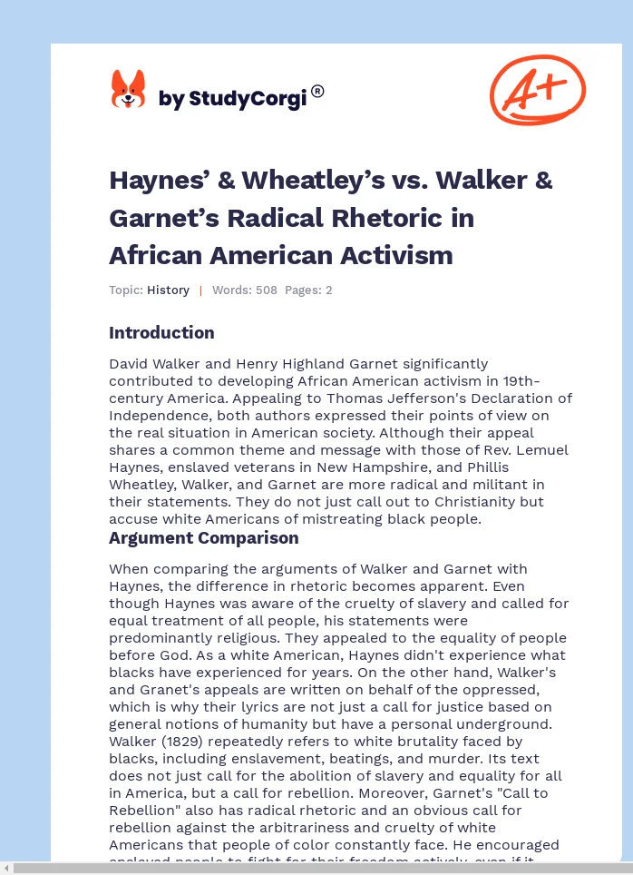 Haynes’ & Wheatley’s vs. Walker & Garnet’s Radical Rhetoric in African American Activism. Page 1
