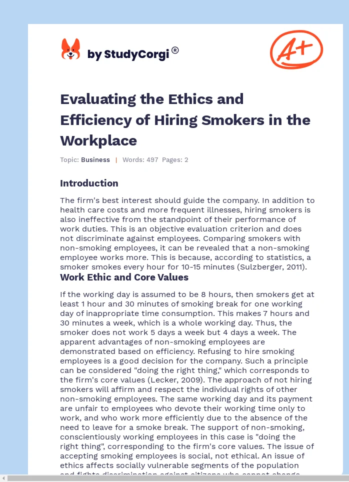Evaluating the Ethics and Efficiency of Hiring Smokers in the Workplace. Page 1