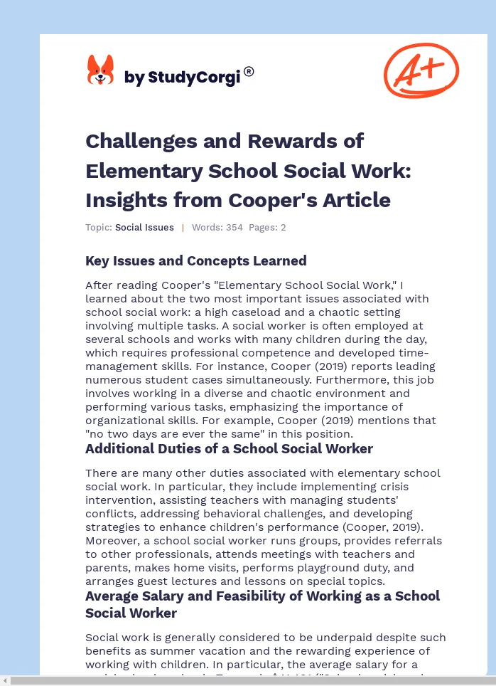 Challenges and Rewards of Elementary School Social Work: Insights from Cooper's Article. Page 1