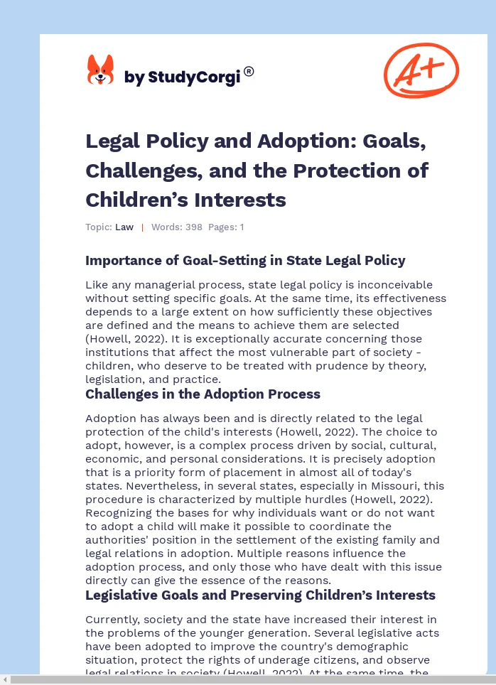 Legal Policy and Adoption: Goals, Challenges, and the Protection of Children’s Interests. Page 1