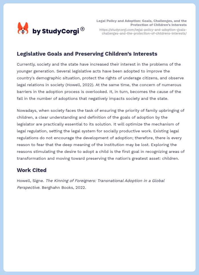 Legal Policy and Adoption: Goals, Challenges, and the Protection of Children’s Interests. Page 2