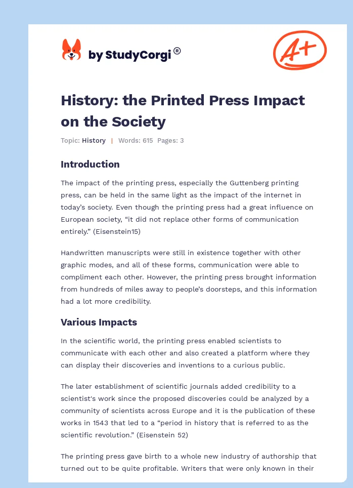 History: the Printed Press Impact on the Society. Page 1