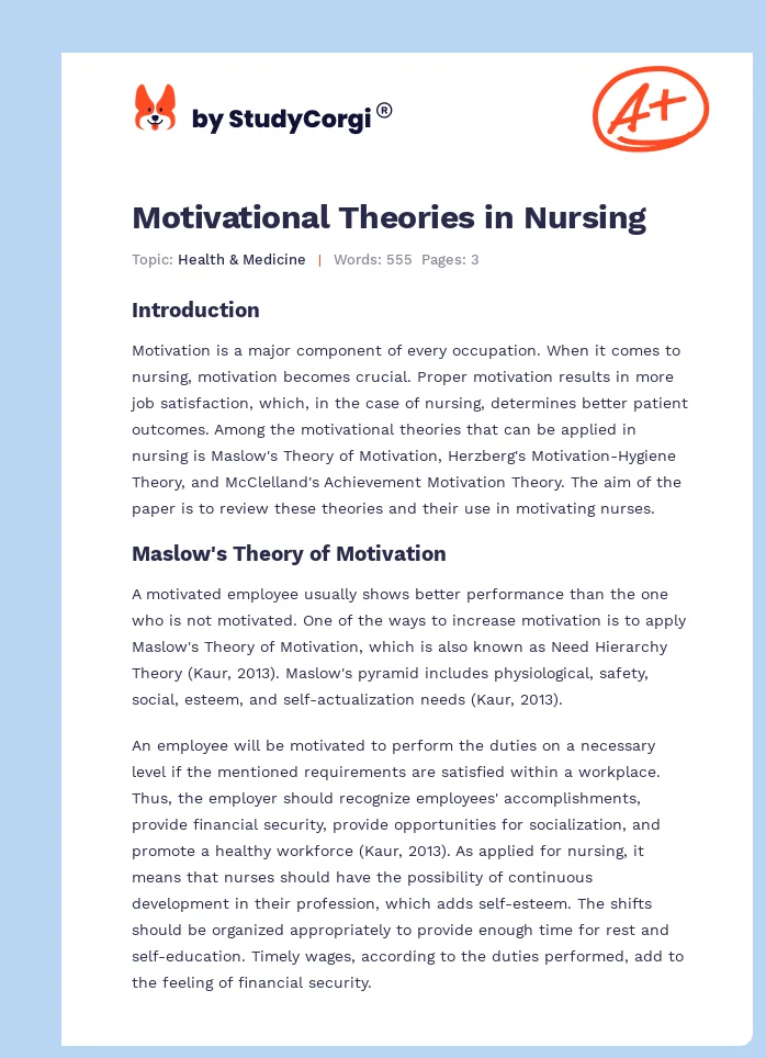 Motivational Theories in Nursing. Page 1