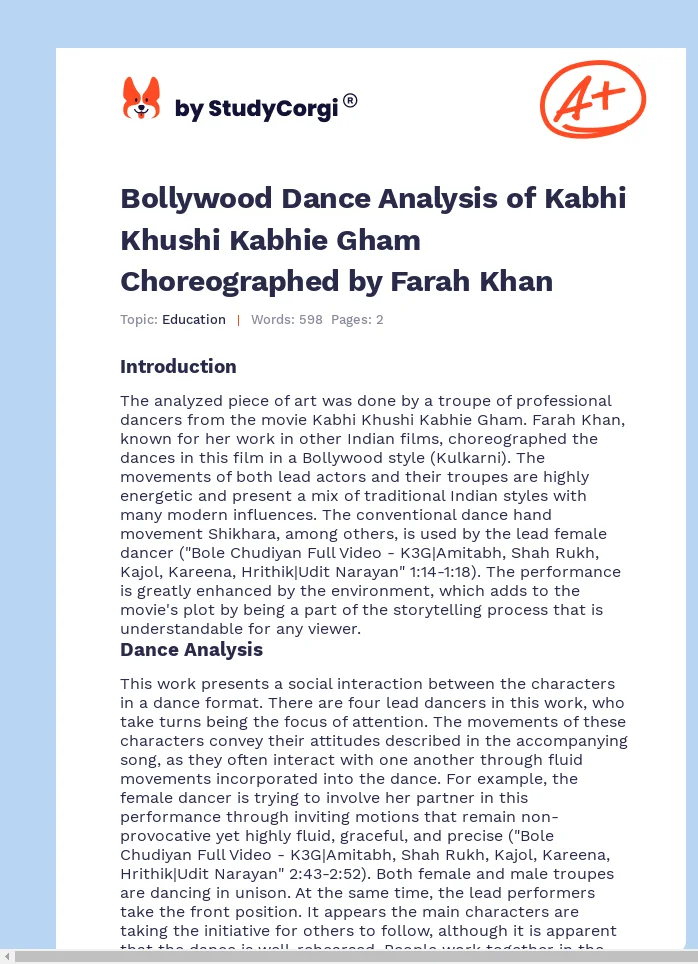 Bollywood Dance Analysis of Kabhi Khushi Kabhie Gham Choreographed by Farah Khan. Page 1