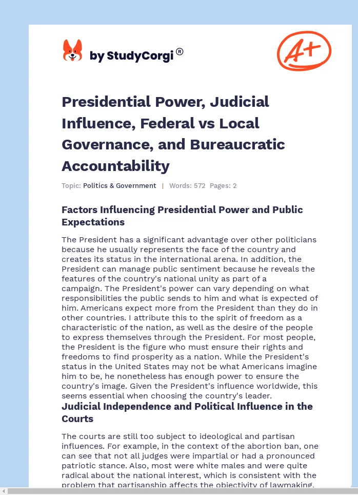 Presidential Power, Judicial Influence, Federal vs Local Governance, and Bureaucratic Accountability. Page 1