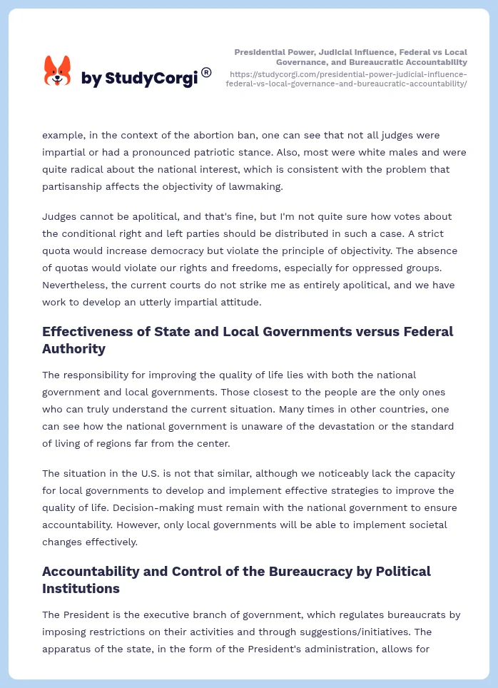 Presidential Power, Judicial Influence, Federal vs Local Governance, and Bureaucratic Accountability. Page 2