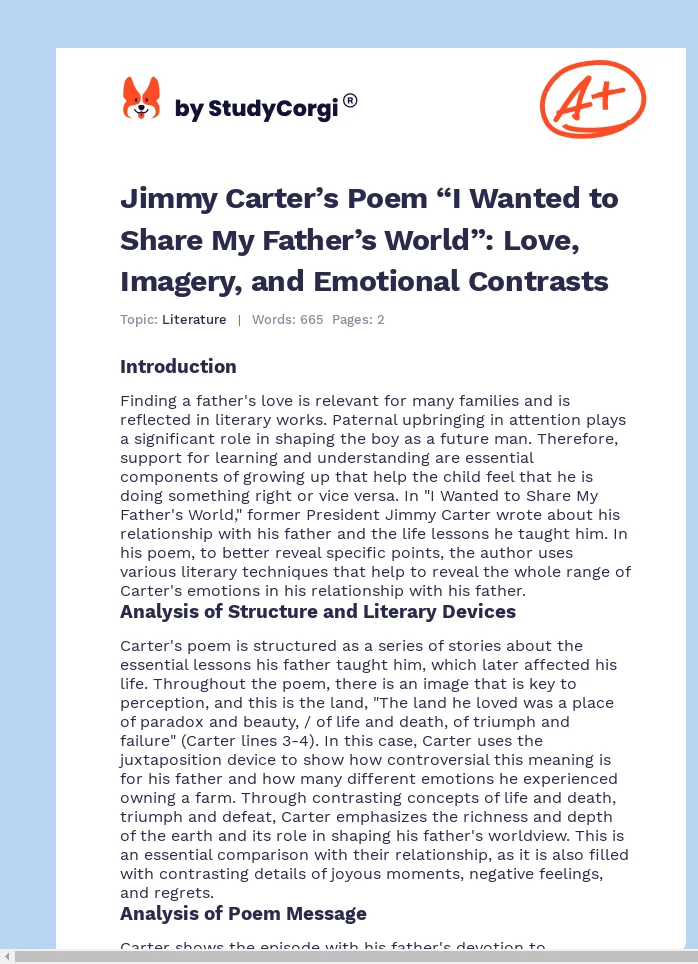 Jimmy Carter’s Poem “I Wanted to Share My Father’s World”: Love, Imagery, and Emotional Contrasts. Page 1
