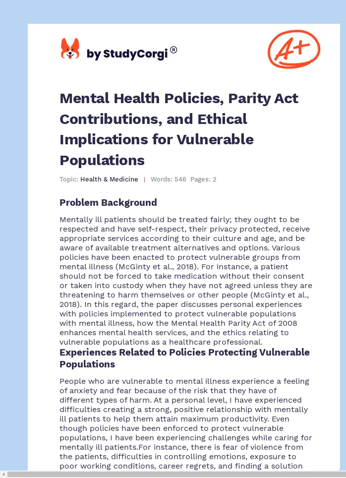 Mental Health Policies, Parity Act Contributions, and Ethical Implications for Vulnerable Populations. Page 1