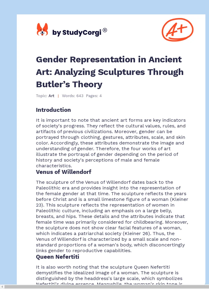 Gender Representation in Ancient Art: Analyzing Sculptures Through Butler’s Theory. Page 1