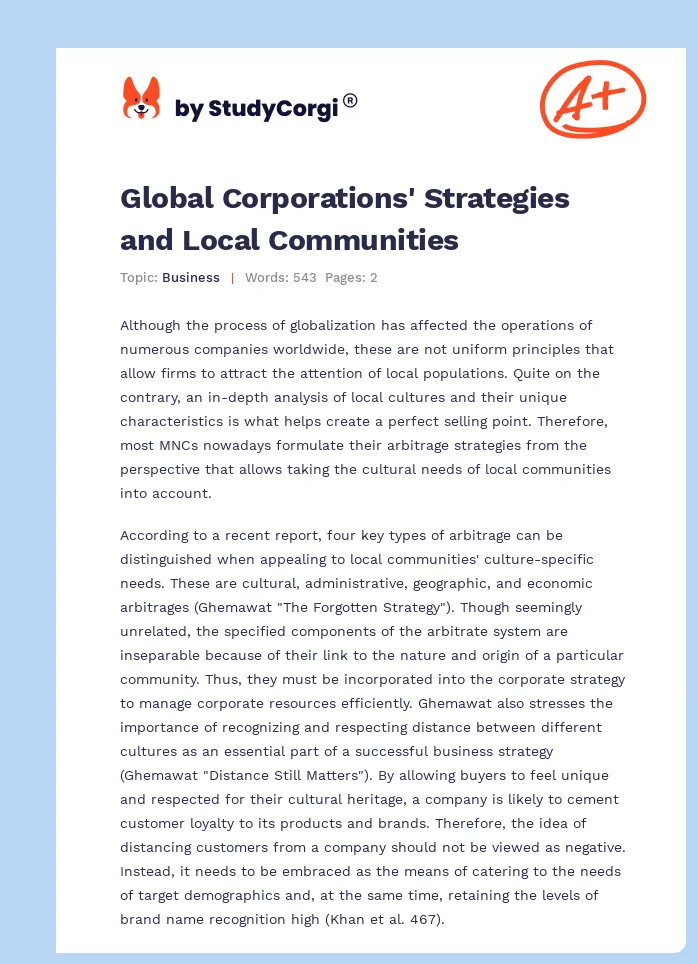 Global Corporations' Strategies and Local Communities. Page 1