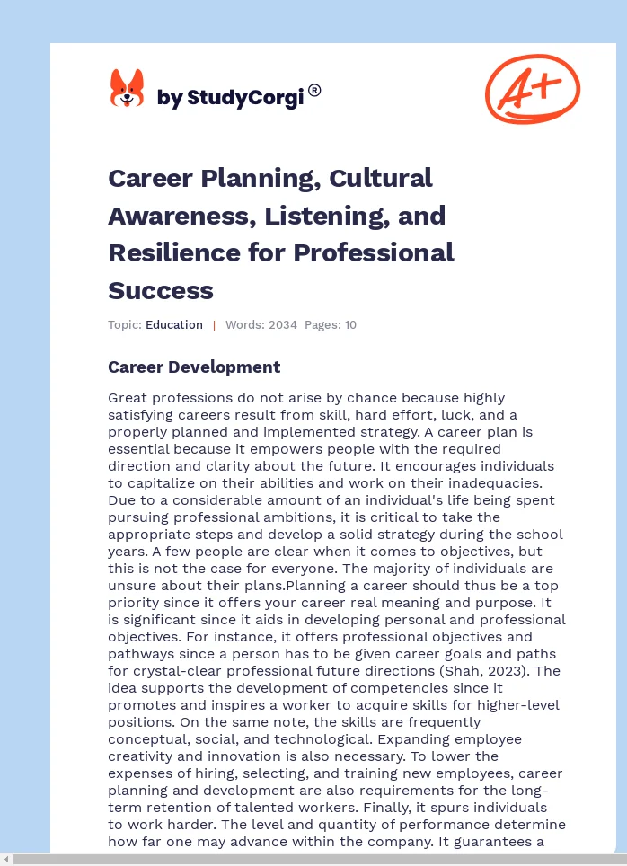 Career Planning, Cultural Awareness, Listening, and Resilience for Professional Success. Page 1