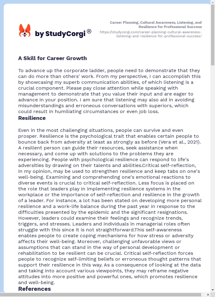 Career Planning, Cultural Awareness, Listening, and Resilience for Professional Success. Page 2