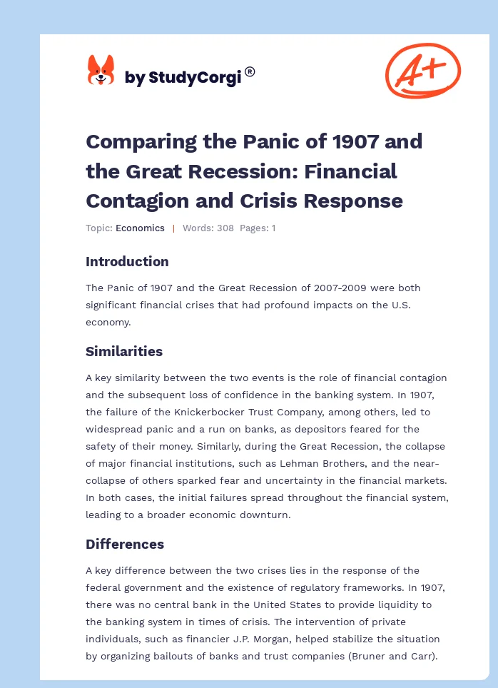 Comparing the Panic of 1907 and the Great Recession: Financial Contagion and Crisis Response. Page 1