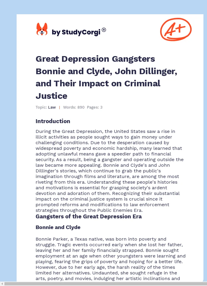 Great Depression Gangsters Bonnie and Clyde, John Dillinger, and Their Impact on Criminal Justice. Page 1