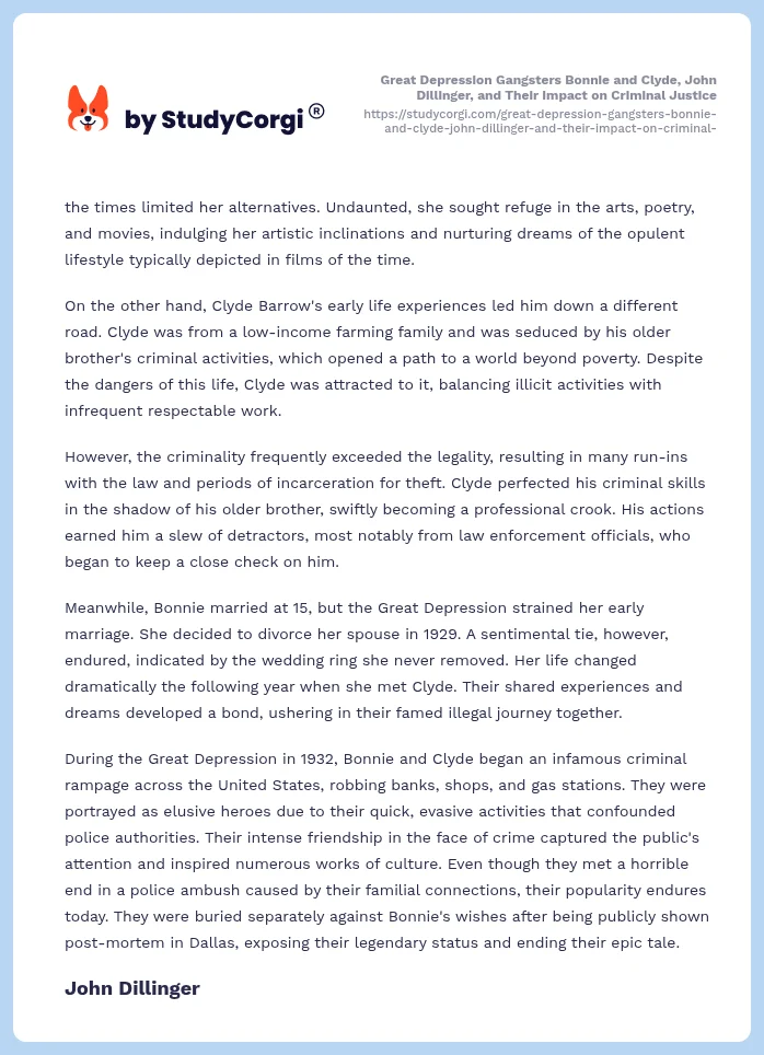 Great Depression Gangsters Bonnie and Clyde, John Dillinger, and Their Impact on Criminal Justice. Page 2
