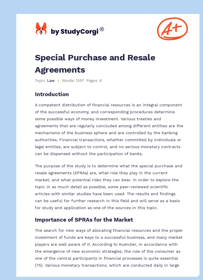 Special Purchase and Resale Agreements. Page 1