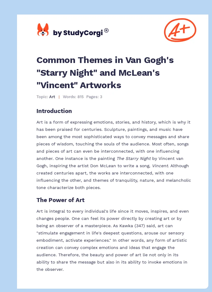 Common Themes in Van Gogh's "Starry Night" and McLean's "Vincent" Artworks. Page 1