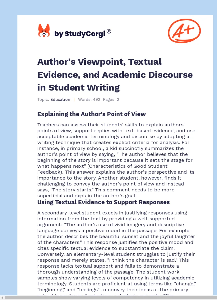 Author's Viewpoint, Textual Evidence, and Academic Discourse in Student Writing. Page 1
