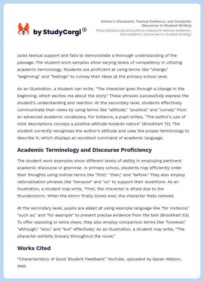 Author's Viewpoint, Textual Evidence, and Academic Discourse in Student Writing. Page 2