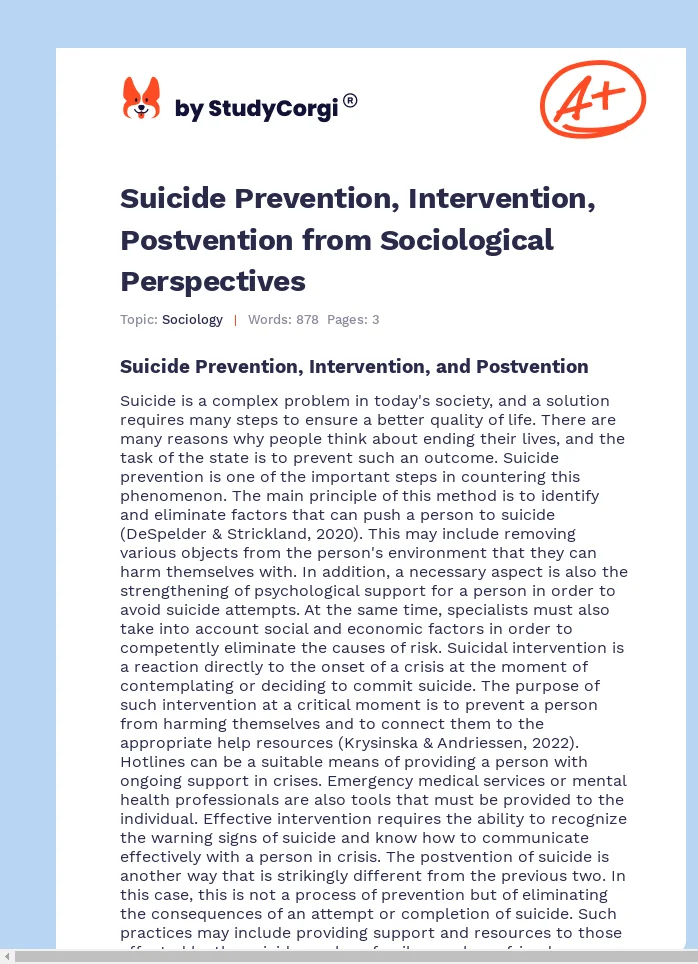 Suicide Prevention, Intervention, Postvention from Sociological Perspectives. Page 1