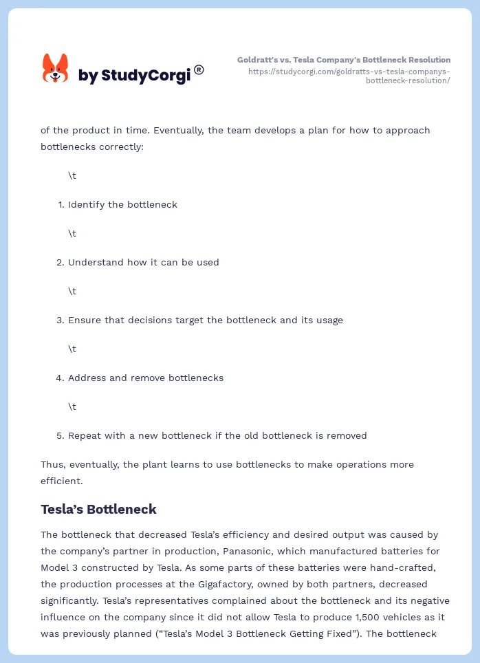 Goldratt's vs. Tesla Company's Bottleneck Resolution. Page 2