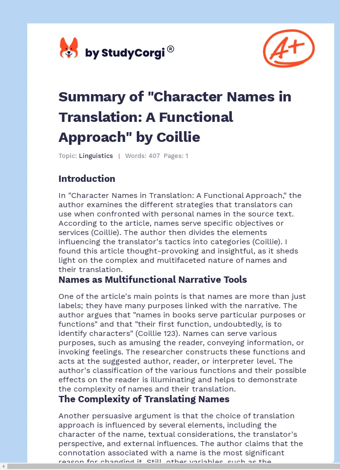 Summary of "Character Names in Translation: A Functional Approach" by Coillie. Page 1
