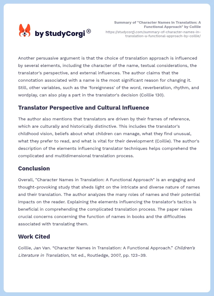 Summary of "Character Names in Translation: A Functional Approach" by Coillie. Page 2