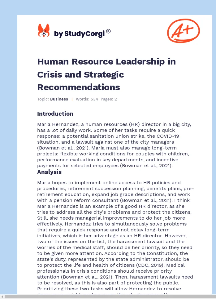 Human Resource Leadership in Crisis and Strategic Recommendations. Page 1