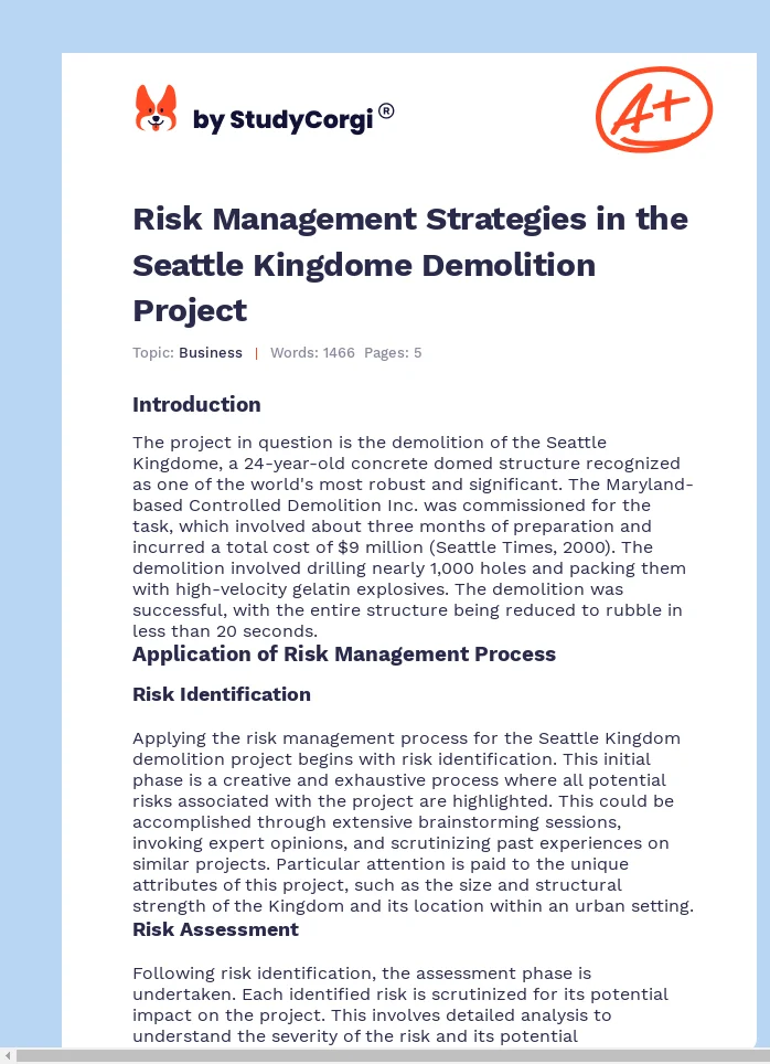 Risk Management Strategies in the Seattle Kingdome Demolition Project. Page 1