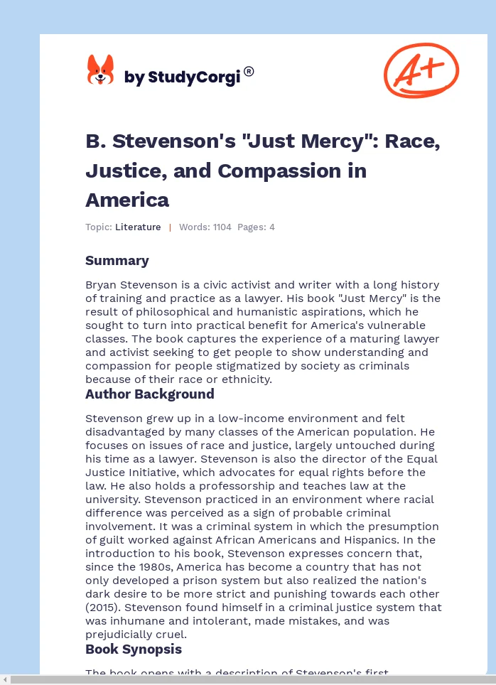 B. Stevenson's "Just Mercy": Race, Justice, and Compassion in America. Page 1