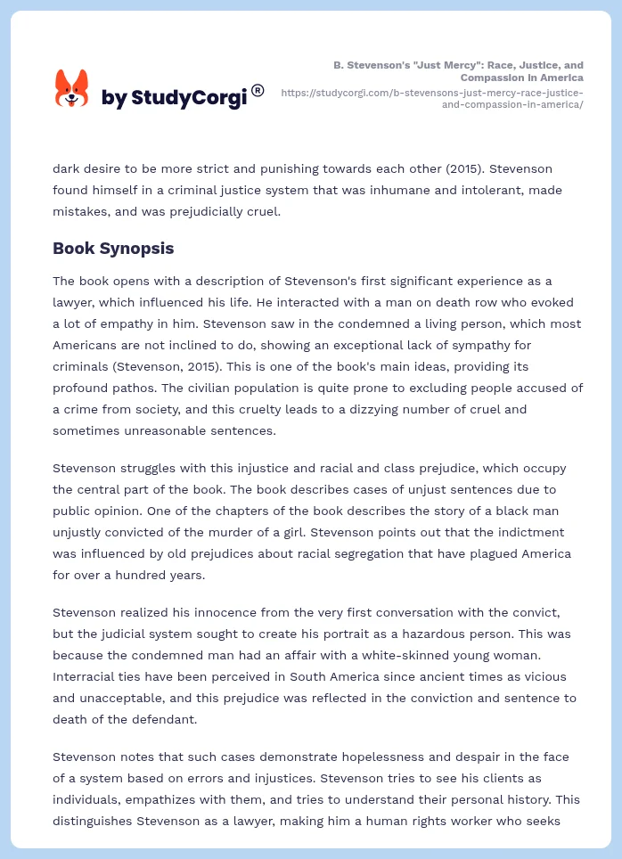 B. Stevenson's "Just Mercy": Race, Justice, and Compassion in America. Page 2